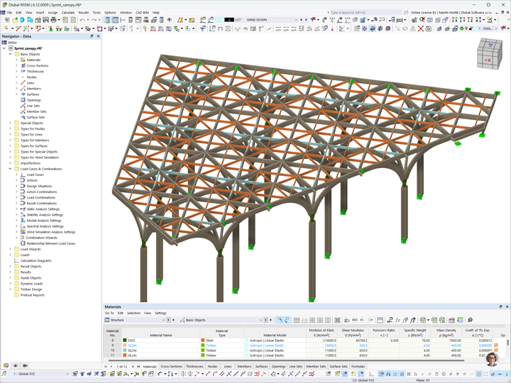 Modello RFEM della Sprint Canopy a Singapore con evidenziazione dei tipi di materiale per le aste strutturali