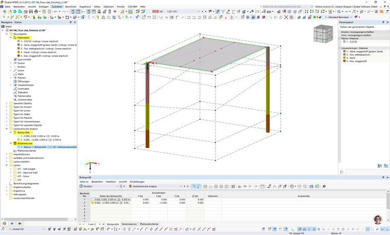 Stratigrafia del terreno e panoramica del navigatore per la definizione del materiale, del profilo di perforazione e di terreno massiccio