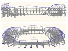 Vista dettagliata del modello di uno stadio con una struttura complessa creata in RFEM, che mostra le geometrie e le connessioni.