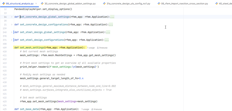 Configurazione delle impostazioni della mesh utilizzando l'interfaccia API per la modellazione strutturale.