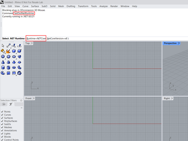 Impostazione DotNetRuntime in Rhino 8