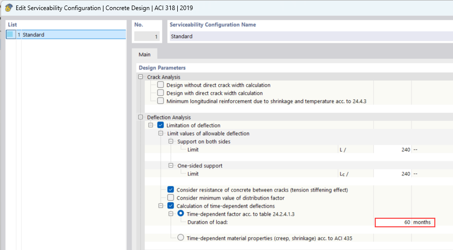 Configurazione allo stato limite di esercizio ACI | Fattore tempo dipendente secondo Tabella 24.2.4.1.3