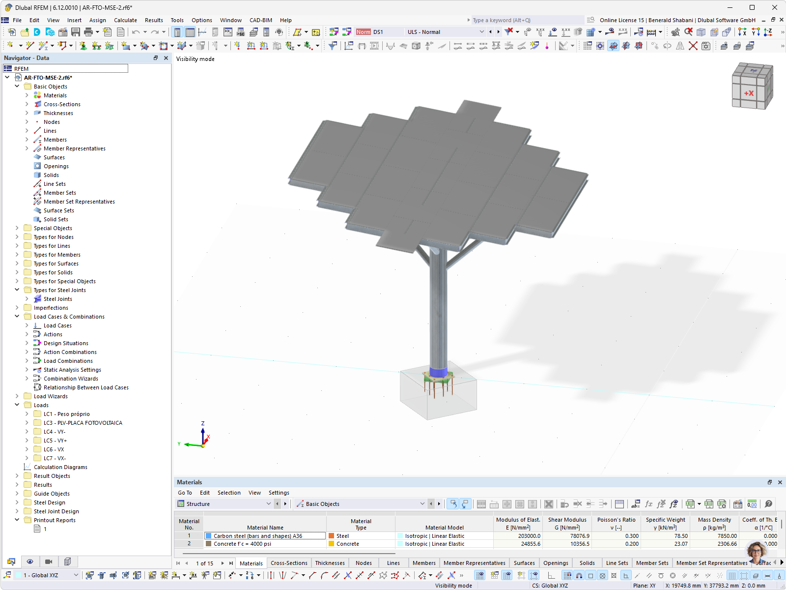 Modello RFEM di un moderno albero solare di MSE Engenharia