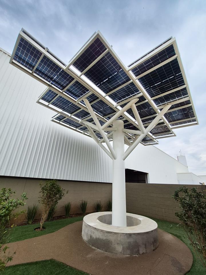 Stabile struttura in acciaio per l'installazione di un impianto fotovoltaico a forma di albero.