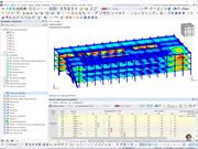 Modello dell'edificio in legno mostrato con spostamenti generalizzati analizzati in RFEM.