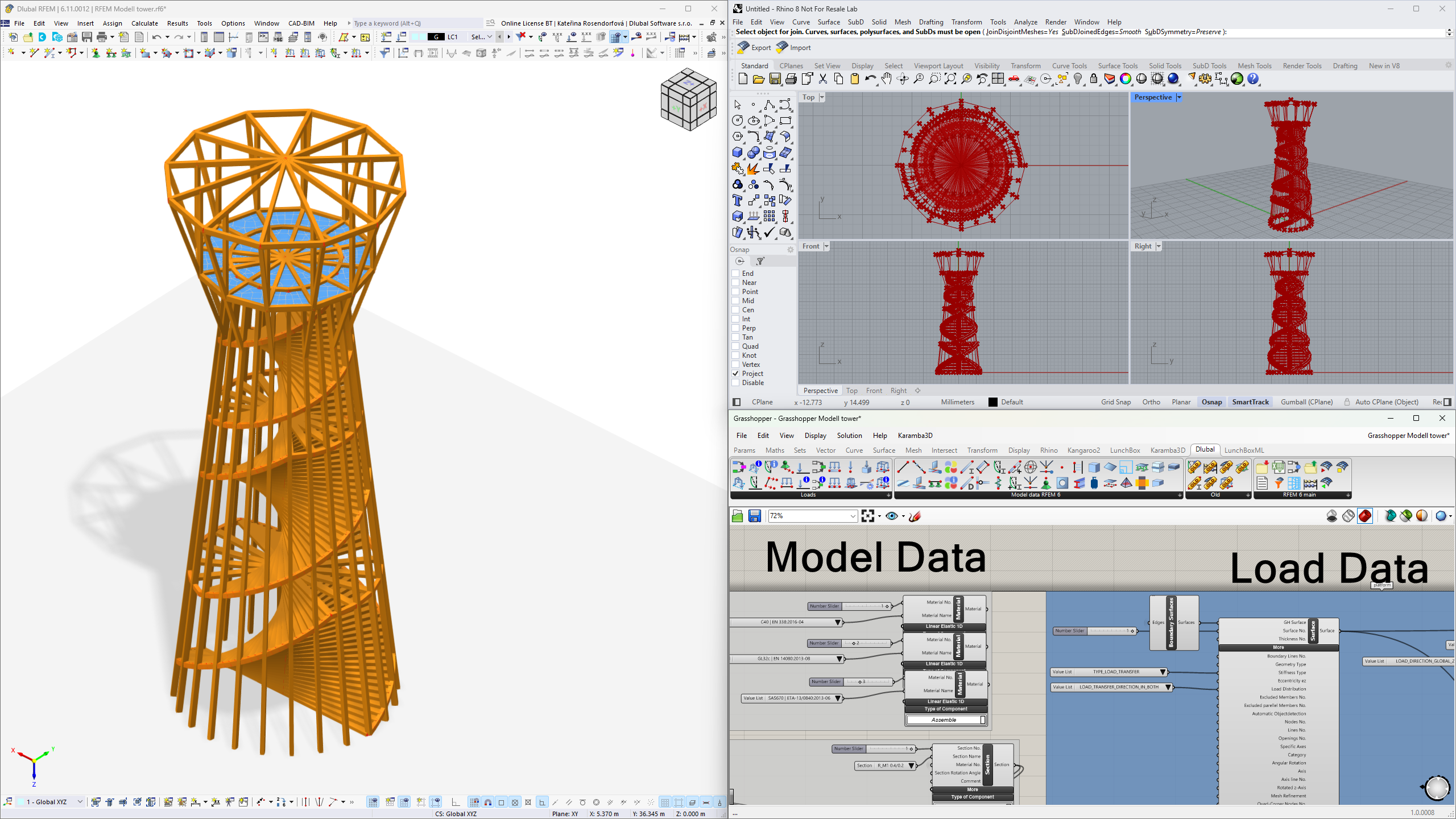 Illustrazione dell'integrazione tra RFEM e Rhino che dimostra le loro capacità combinate nella modellazione strutturale 3D e nella verifica.