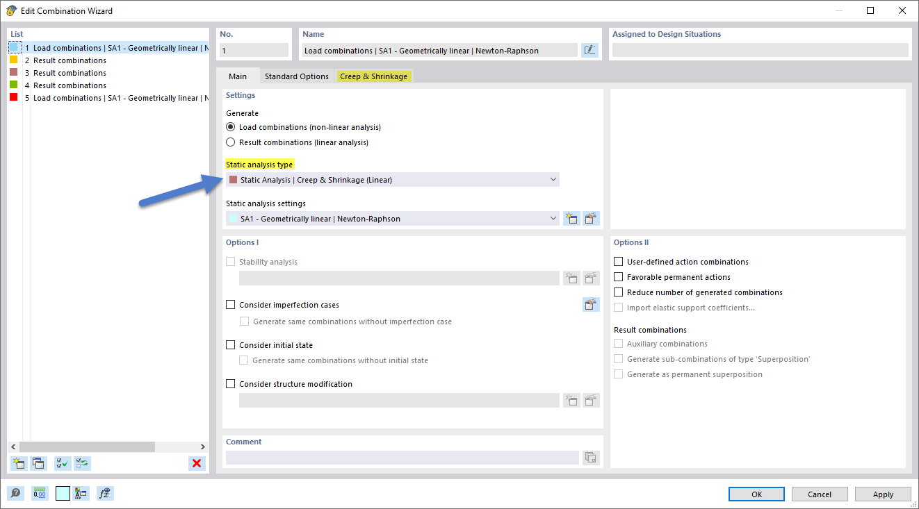 Selezione del tipo di analisi statica nella finestra di dialogo del generatore di combinazioni