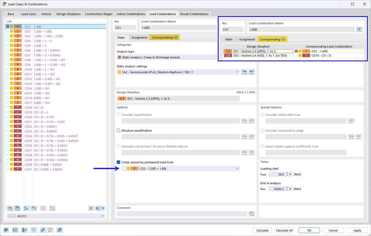 Regolazione del carico permanente a lungo termine con applicazione di creep con il Generatore di combinazioni