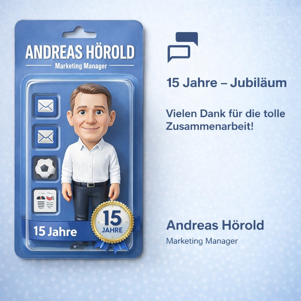 Illustrazione 3D in stile action-figure di Andreas Hörold, marketing manager di Dlubal Software, che celebra il suo anniversario di 15 anni di lavoro.