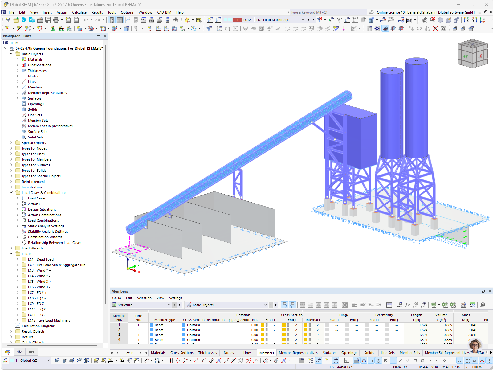 Modello 3D di un impianto di betonaggio, creato con il software RFEM.