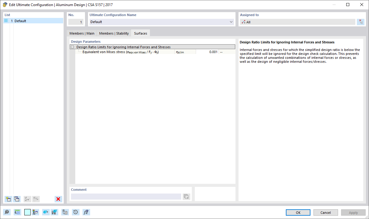 Finestra di dialogo "Modifica configurazione SLU", scheda "Superfici"