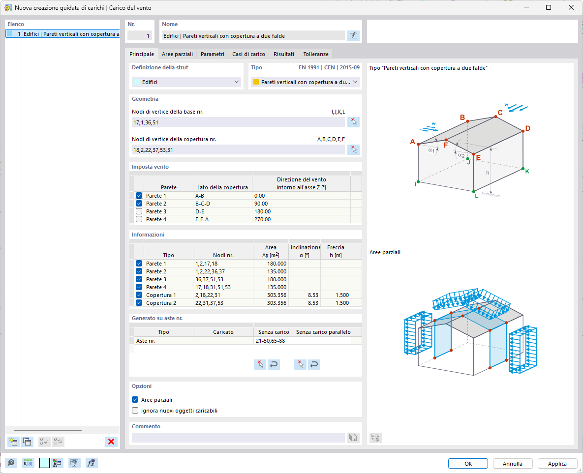 Finestra di dialogo "Nuova guida ai carichi | Carico del vento"