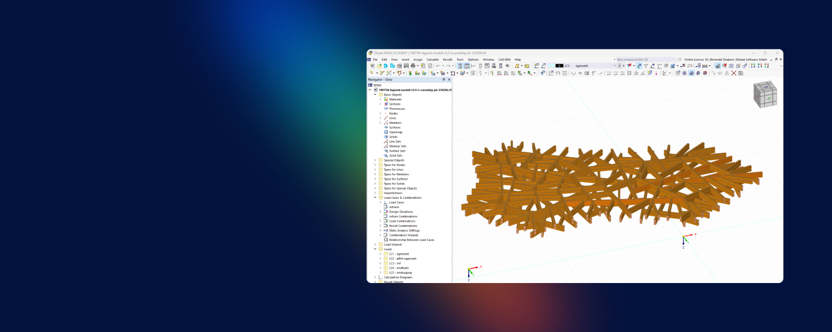 Vista dettagliata di un'impressionante struttura di copertura in legno di una moderna stazione di servizio. Visualizzazione del modello RFEM.