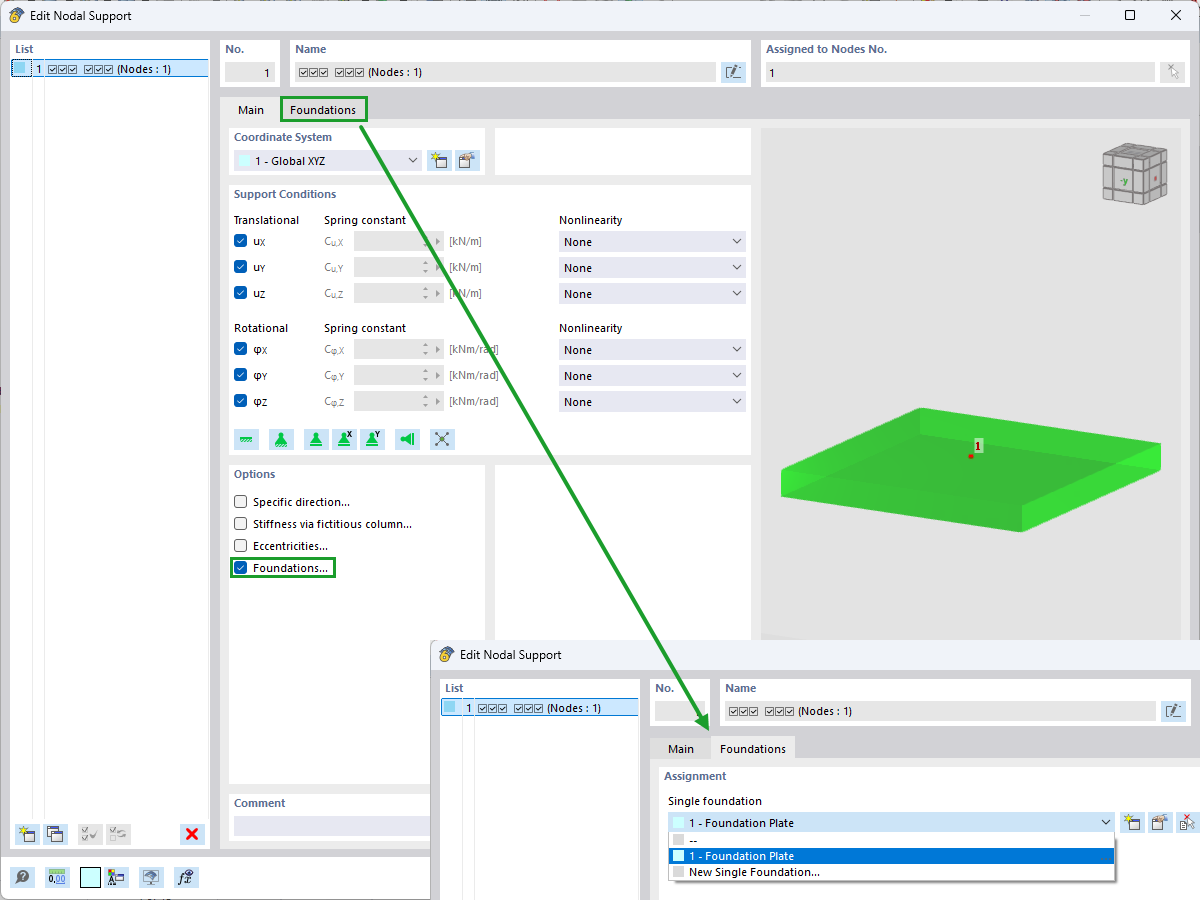 Finestra di dialogo dei vincoli nodali di RFEM 6 che mostra la scheda Assegnazione della fondazione.