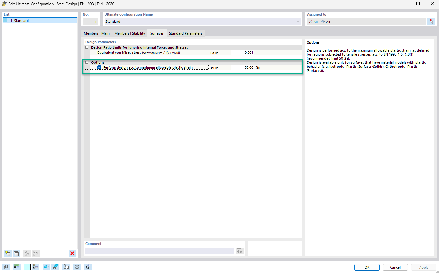 Attivazione della verifica della deformazione plastica delle superfici in acciaio