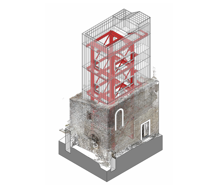 Visualizzazione assonometrica 3D del progetto di restauro del Castello di Rocchette, incentrata sull’integrazione della nuova torre.