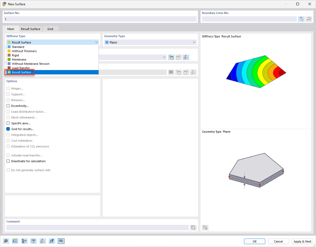 Tipo di rigidezza Superficie risultato in RFEM per l'integrazione delle forze.