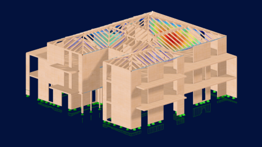 Grafica che illustra elementi di progettazione del legno in un software di analisi e progettazione strutturale, con focus su strutture in legno e legno massiccio.