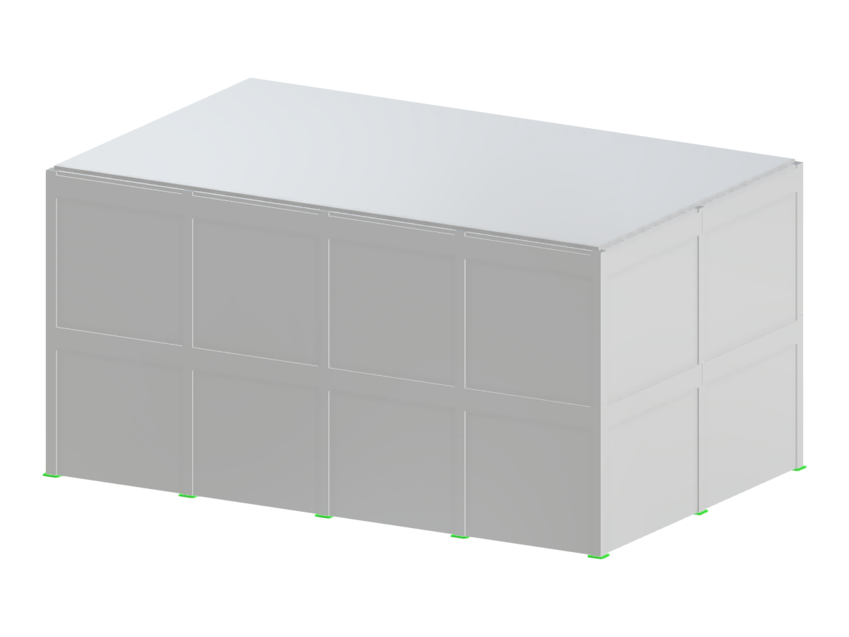 Modello di un edificio in calcestruzzo che mostra un design rettangolare con un numero variabile di campate e piani, inclusi pareti, solai, travi e pilastri.