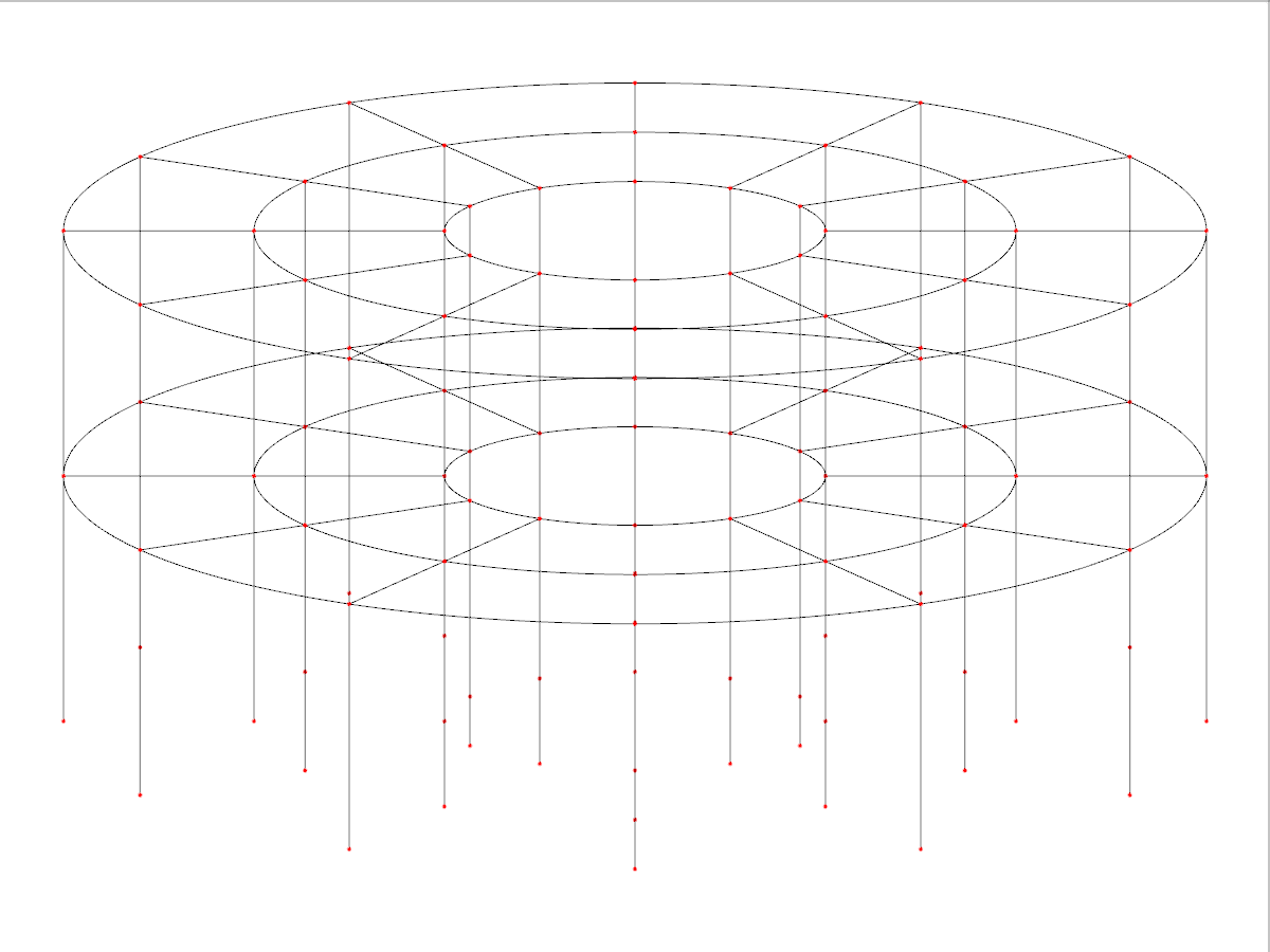 Modello a griglia 3D che mostra una struttura edilizia circolare con livelli di piano e raggi delle file variabili, evidenziando le possibilità di progettazione architettonica.
