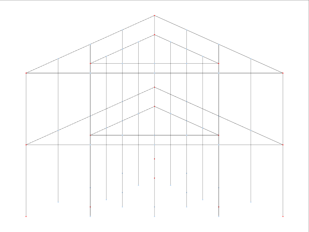 Una griglia 3D che rappresenta un modello strutturale poligonale con diversi poligoni e piani per un'analisi versatile della costruzione.