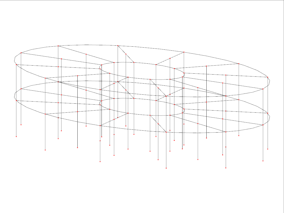 Modello a griglia 3D che mostra una struttura ellittica con numero variabile di lati e livelli di piano.