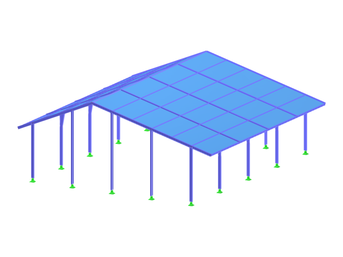 Una vista dettagliata di una struttura a due falde asimmetrica che mostra una complessa struttura del tetto con distinte linee geometriche.