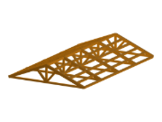 Un modello digitale di una struttura del tetto per un edificio prefabbricato in legno, che mostra dettagli geometrici complessi ed elementi di progettazione strutturale.