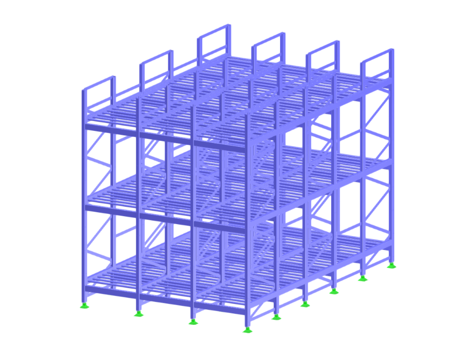 Vista dettagliata di una struttura di scaffalatura in acciaio utilizzata nei sistemi di stoccaggio a pallet, che mostra i suoi elementi portanti e le caratteristiche di progettazione.