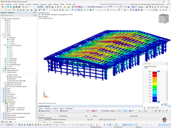 Rappresentazione di un capannone in legno durante l'analisi degli spostamenti generalizzati nel software di analisi strutturale con deformazioni visibili.