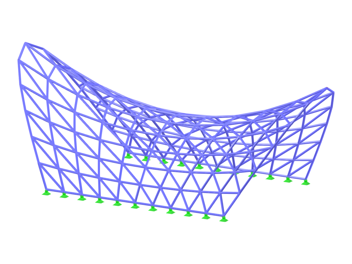 Modello strutturale che mostra un guscio curvo complesso formato utilizzando singoli elementi lineari nell'analisi costruttiva.