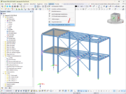 Vista di una struttura in acciaio 3D con menu contestuale aperto per la personalizzazione di menu e barre degli strumenti. Il modello mostra pilastri, travi, controventi e tavole.