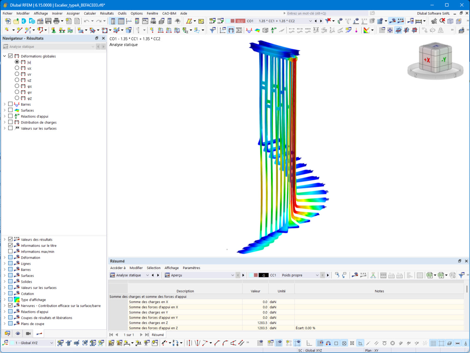 Modello della scala A in RFEM con casi di carico e deformazioni