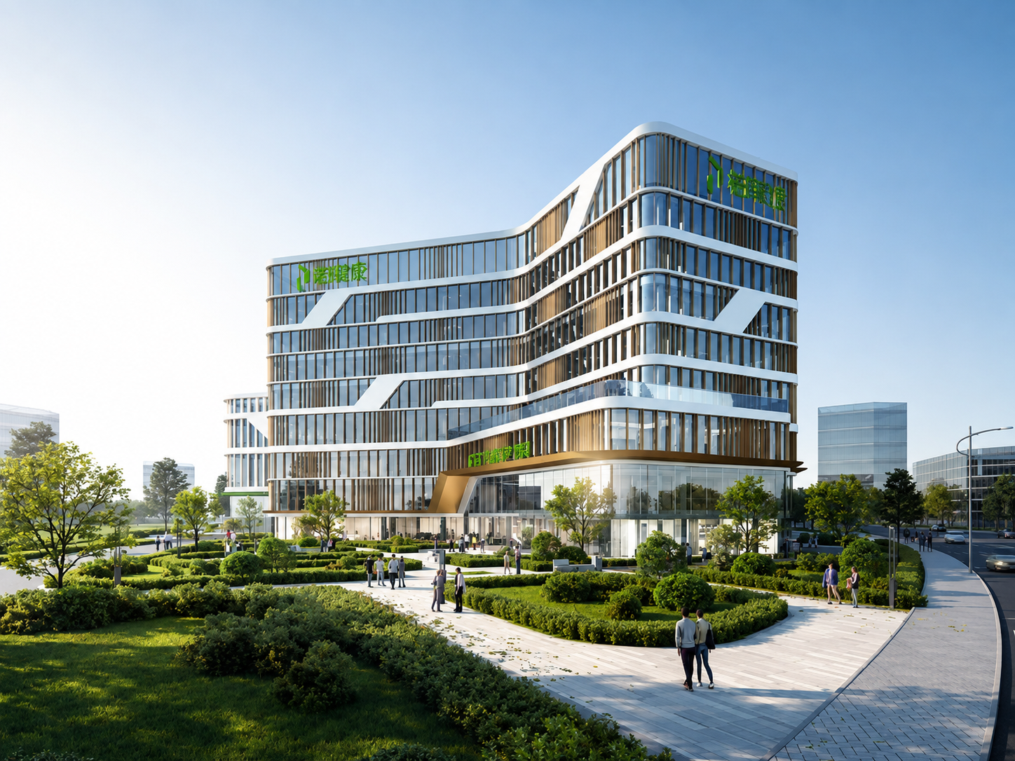 Edificio di sette piani in costruzione ibrida con facciata in legno e vetro sulla riva del lago in Cina, visualizzazione rendering dell'involucro di edificio.