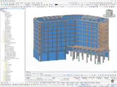 Edificio di sette piani a costruzione ibrida con struttura in legno e struttura metallica, modellato nel software RFEM con definizione del materiale legno lamellare incrociato