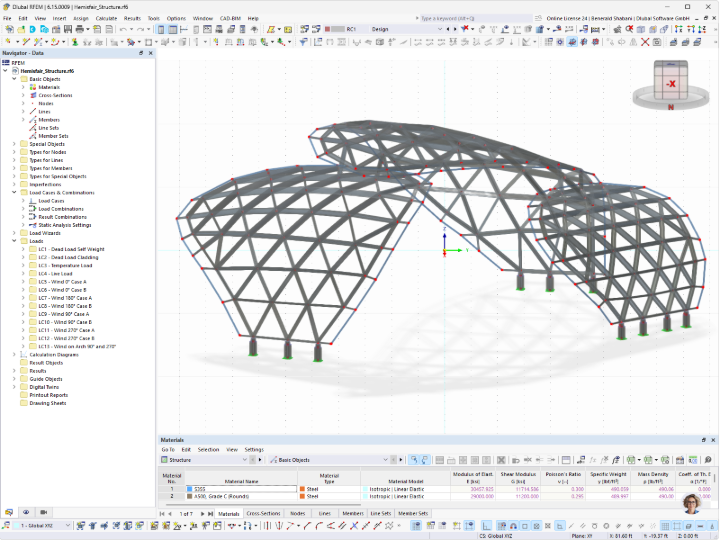 Modello RFEM 3D della copertura in acciaio "The Monarch San Antonio" in Texas con struttura reticolare spaziale e struttura ad arco.