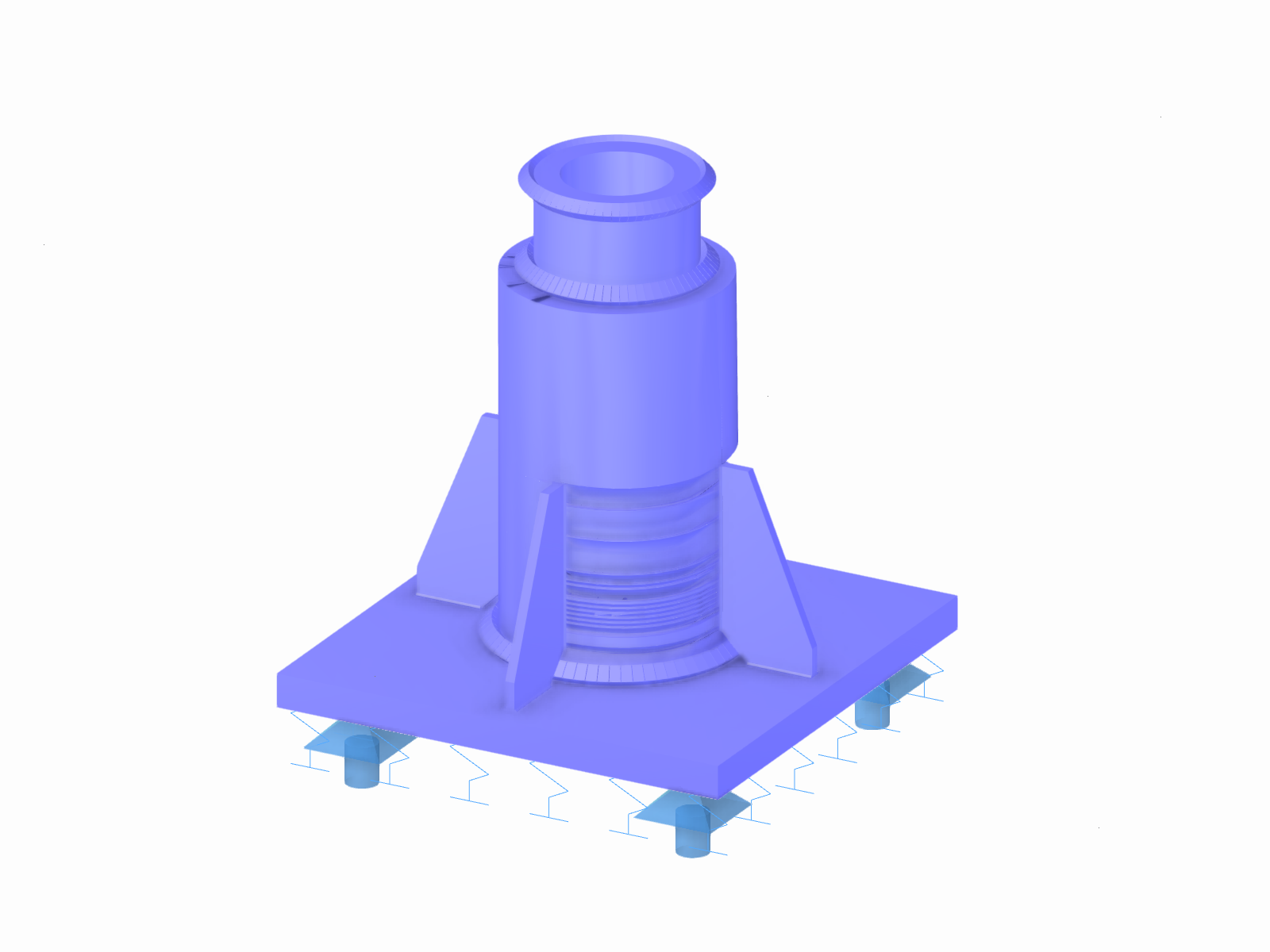 Modello 3D RFEM di una base della colonna della copertura in acciaio con piastra di base, colonna di acciaio e contropiastre.