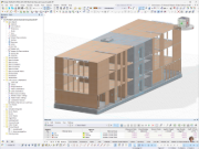 Modello strutturale 3D di una scuola elementare in costruzione ibrida con elementi di soffitto in legno, nuclei in calcestruzzo e pareti di taglio rappresentato nel Software RFEM