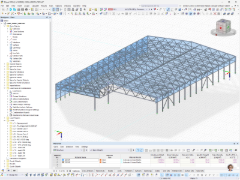 Modello 3D di un capannone in acciaio con tetto a travatura reticolare e pilastri in RFEM, inclusi casi di carico per vento, neve e impianto fotovoltaico