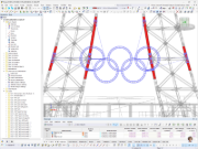 Modello RFEM degli anelli olimpici davanti alla Torre Eiffel a Parigi con struttura portante e aste in acciaio