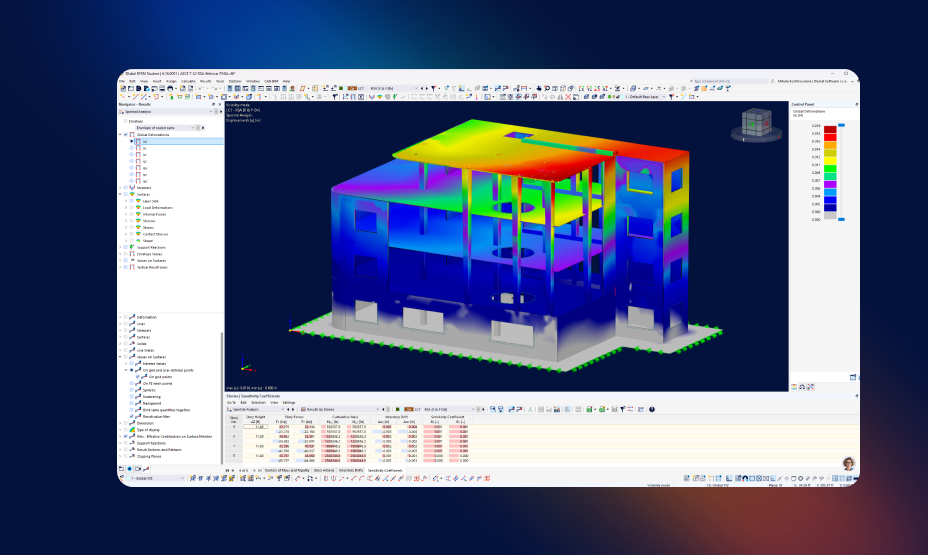 Modello di edificio multipiano con risultati degli spostamenti sismici visualizzati con codice colore in RFEM secondo l'analisi strutturale dell'Eurocodice 8