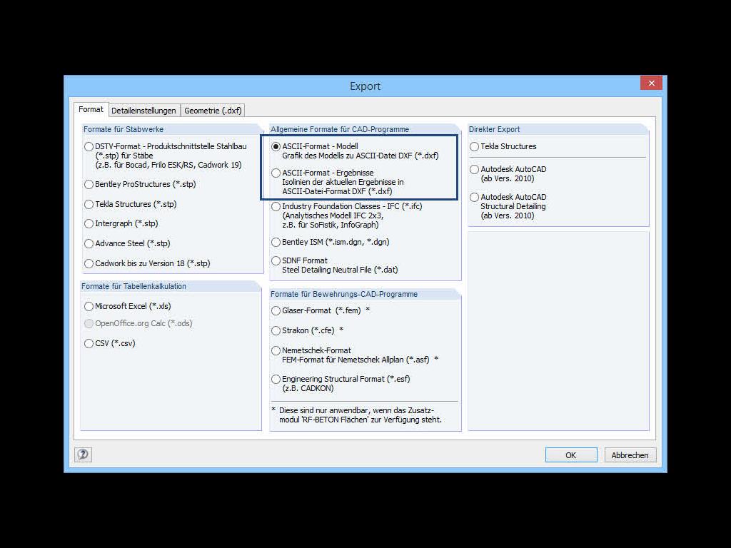 Eksport DXF z programu RFEM do AutoCAD