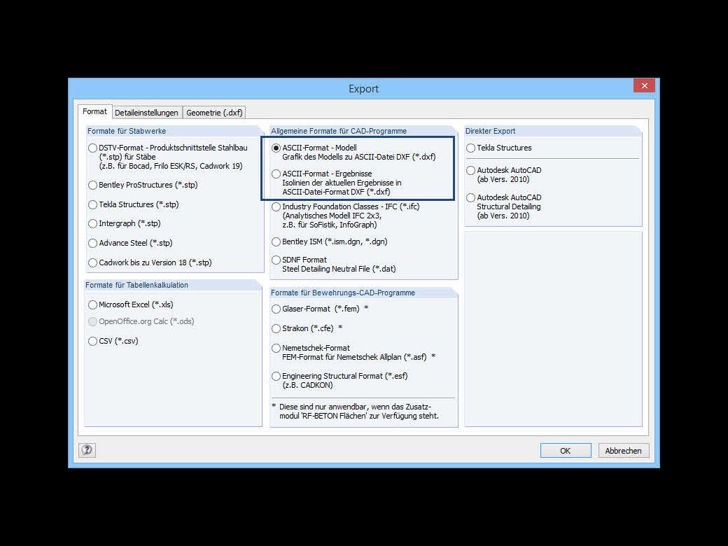 Eksport DXF z programu RFEM do AutoCAD