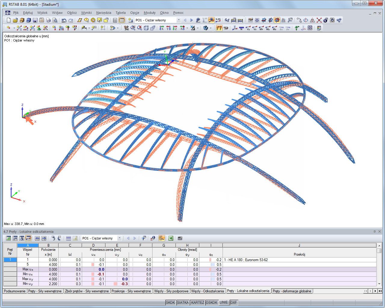 Deformacje dachu stadionu (17791 prętów)