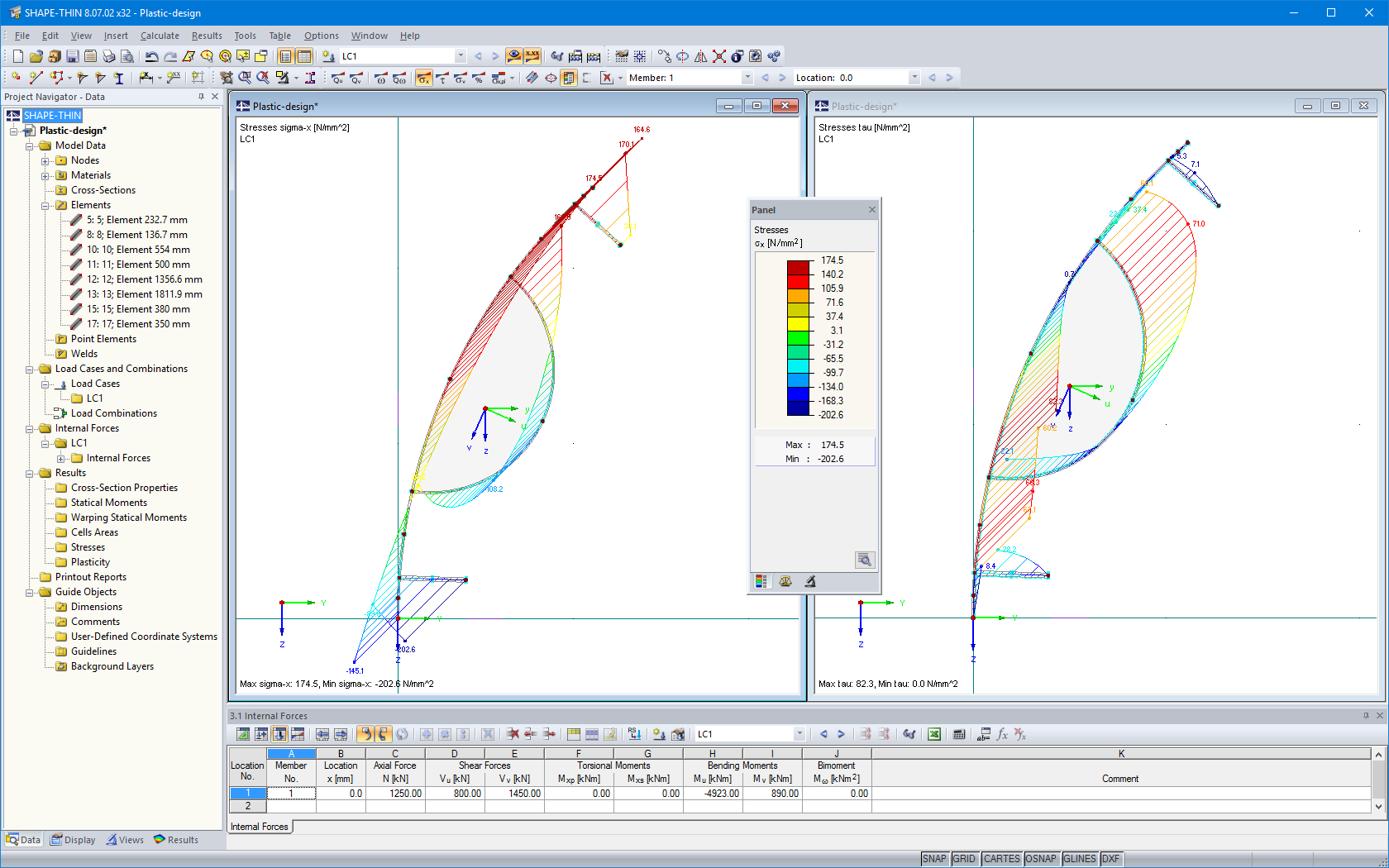 Querschnittswerte-Programm DUENQ | Ergebnisse - Verlauf der Normalspannungen eines gebogenen Querschnittes