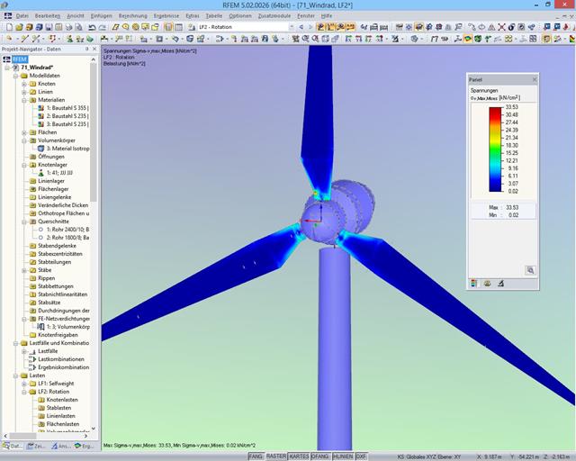 Spannungsanalyse eines Windrades in RFEM mit automatisch generierter Belastung aus Rotation