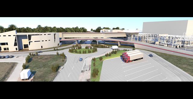 Bild 1: Visualisiertes Planungsmodell des Werksneubaus mit Fußgänger- und Medienbrücke (Mitte) und neuem Werksgebäude (oben); (© Ingenieurbüro Grassl GmbH)