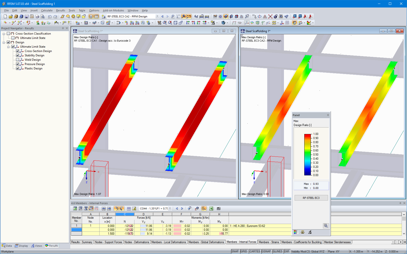 Wymiarowanie stali w RFEM bez (po lewej) iz (po prawej) RF-STEEL Plastyczność