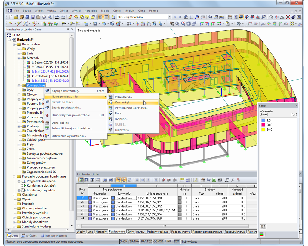 Navigator-Kontextmenü zum Anlegen einer neuen Fläche