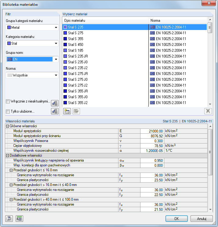 Materialbibliothek mit berechnungs- und bemessungsrelevanten Kennwerten
